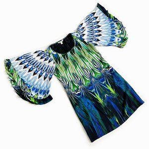 Boston Proper Dress Angel Sleeves Abstract Peacock Print Boho